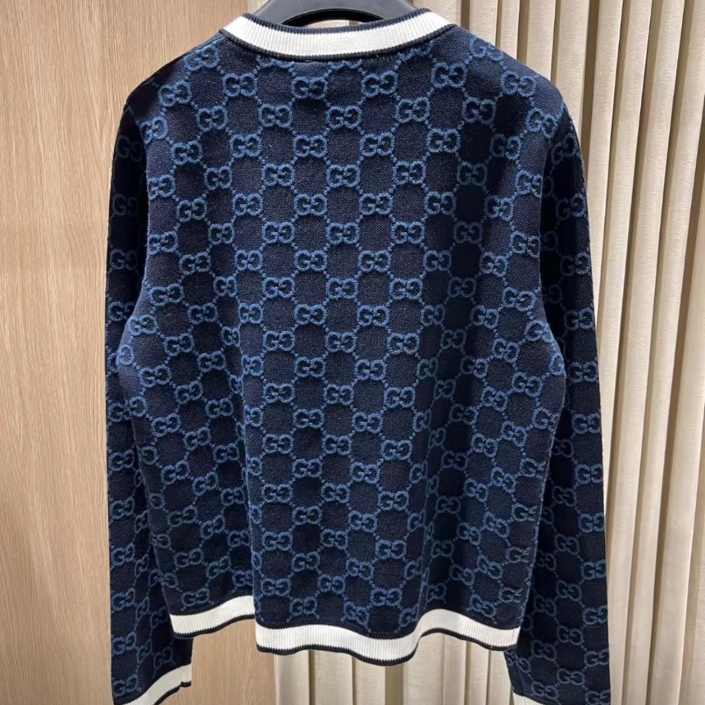 Gucci GG Logo Monogram Striped Jacquard Knit Cotton Cardigan in Navy size Small - Picture 2 of 8